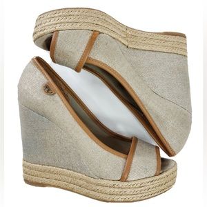 New Tory Burch Majorca Espadrille Wedge Sz 8/38.5 Shimmer Canvas w/ Leather Trim